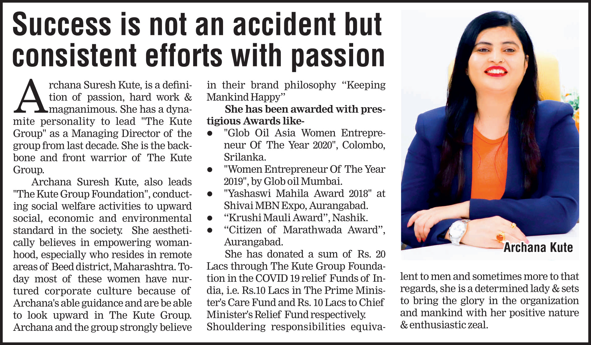 Mrs. Archana Suresh Kute (MD-The Kute Group) featured in AsiaOne News Magazine