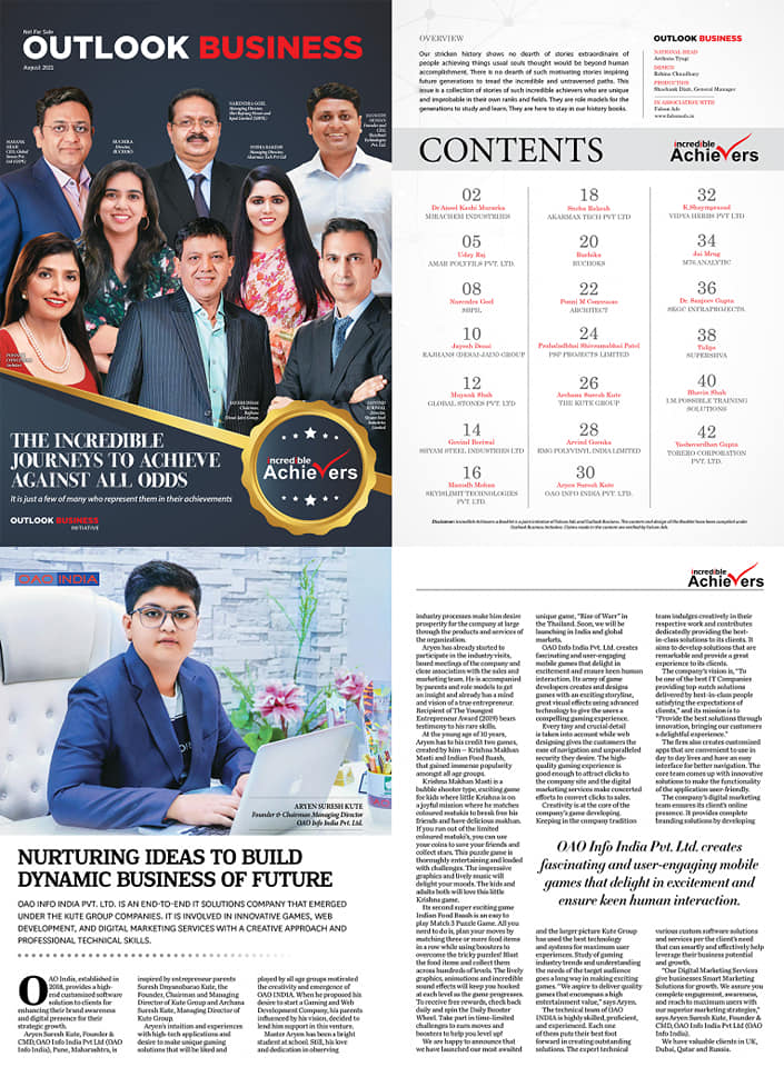Master Aryen Suresh Kute (Founder and CMD- OAO INDIA) featured in the leading Outlook Business’ Magazine
